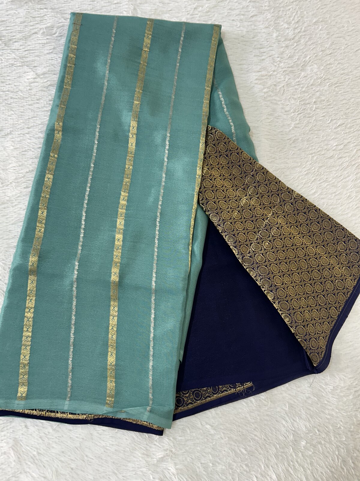 Anokhi Weave — Dark Blue With Teal Green Pure Crepe Silk Saree