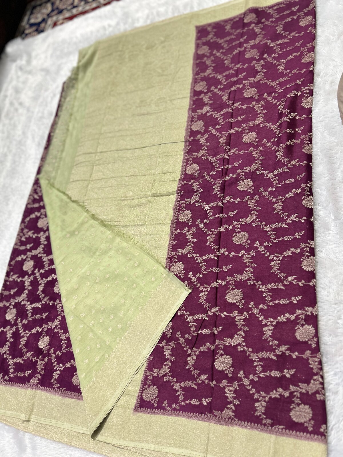 Kaveri Silk Muse — Wine with Pista Green Chinon Georgette Saree — photo 1