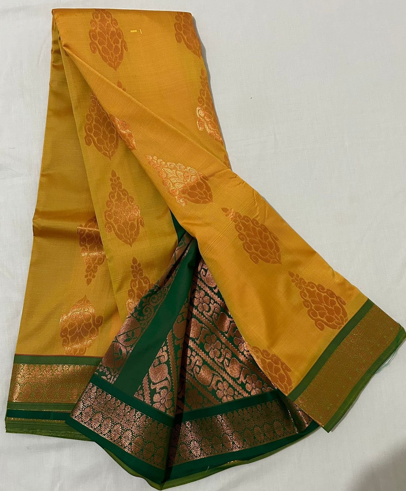 Meera's Vow — Mustard Yellow With Green Semi Kanchipuram Silk Saree