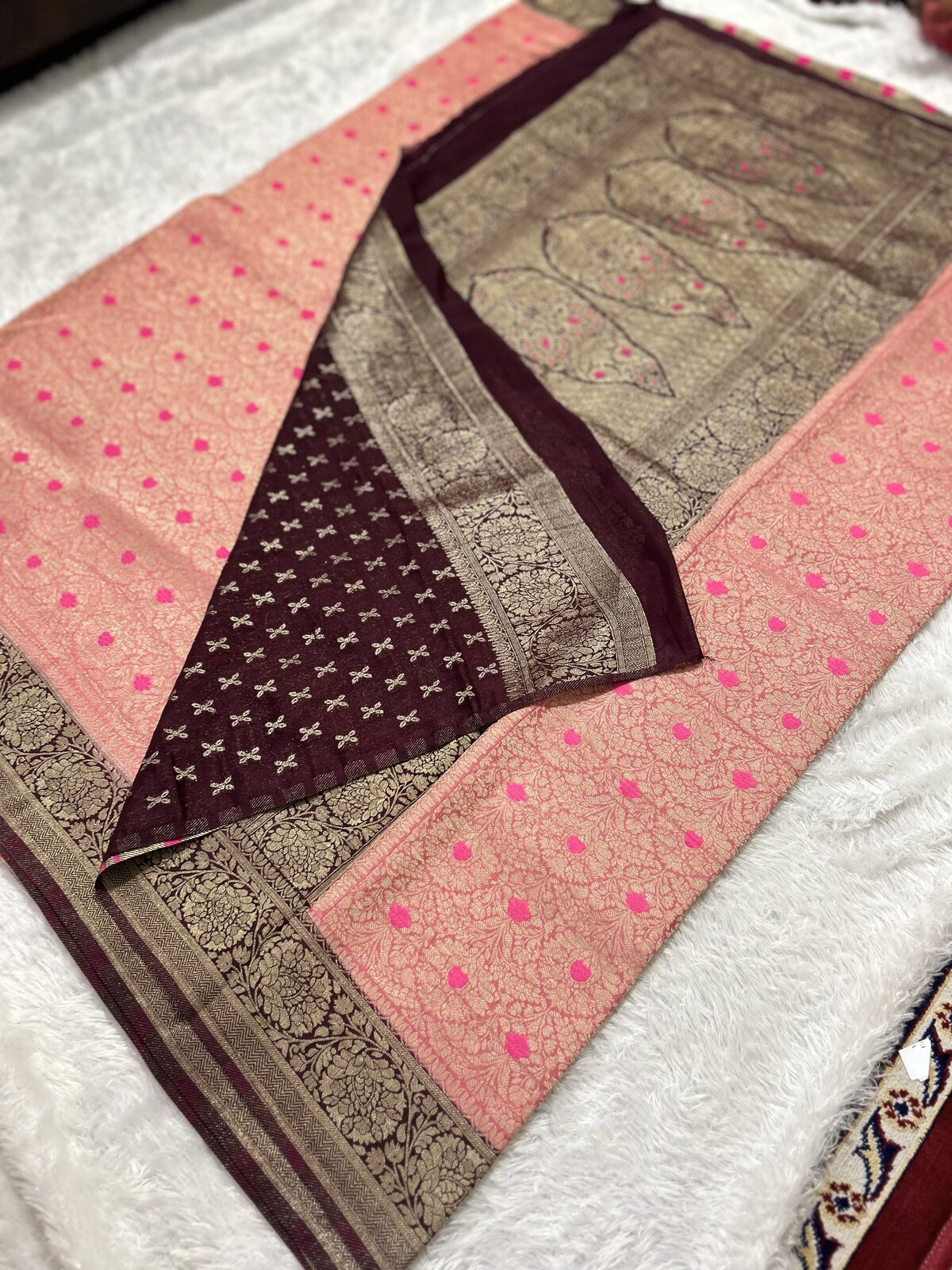 Meghna Weave — Peach with Wine Banarasi Georgette Saree — photo 1