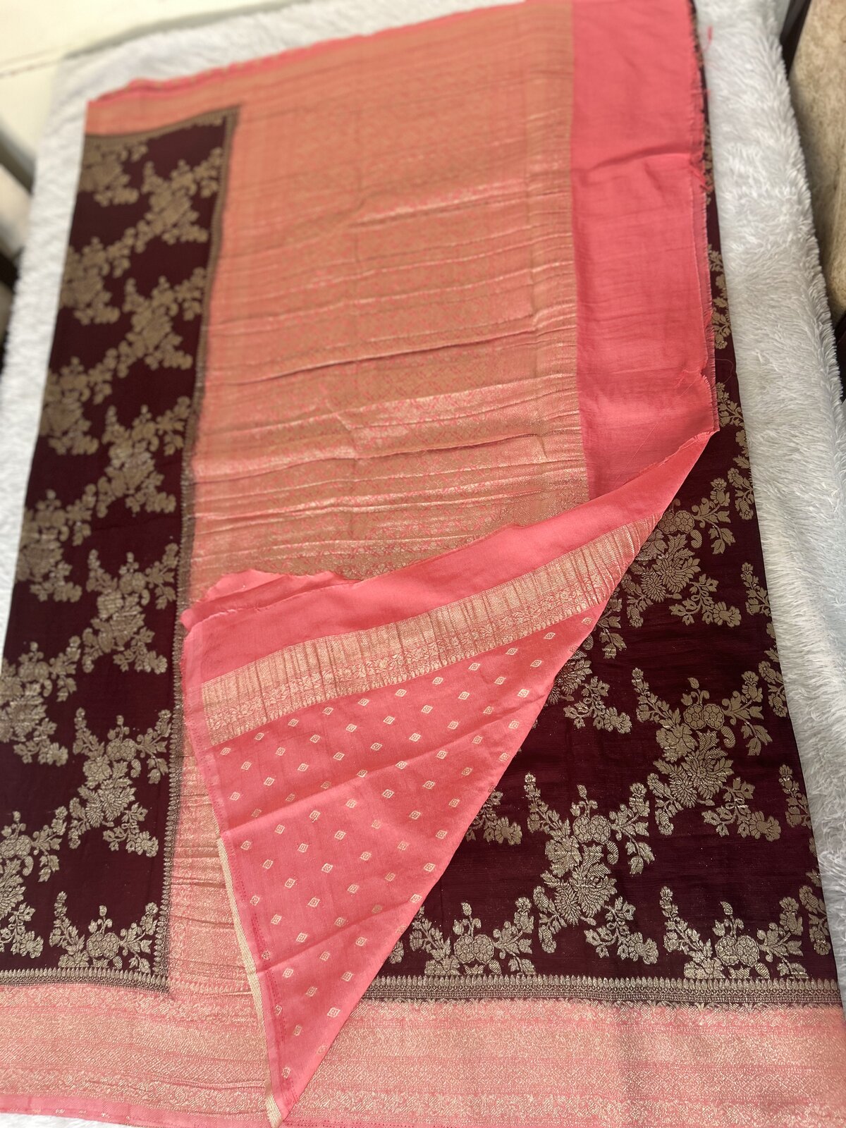 Naavya Bloom — Wine with Peach Banarasi Georgette Saree — photo 1