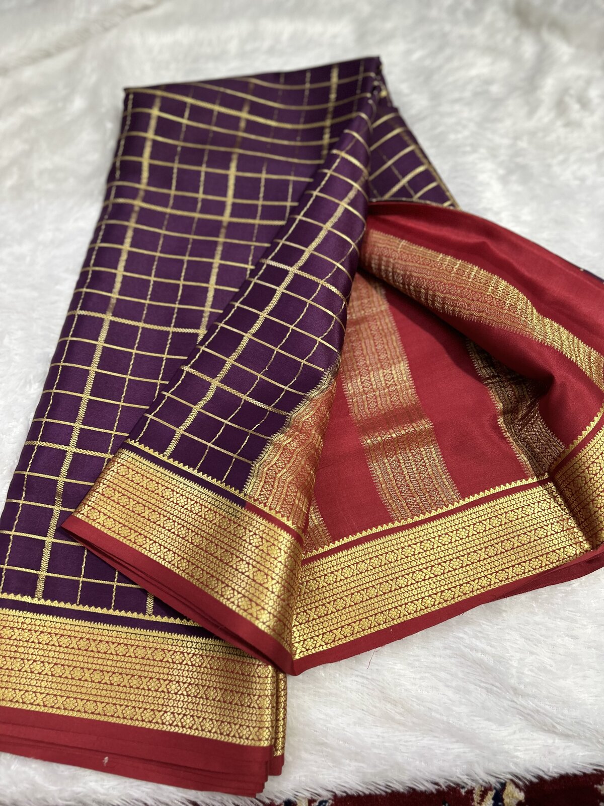 Nazakat Charm — Purple and Maroon with Gold Border Pure Crepe Silk Saree — photo 1