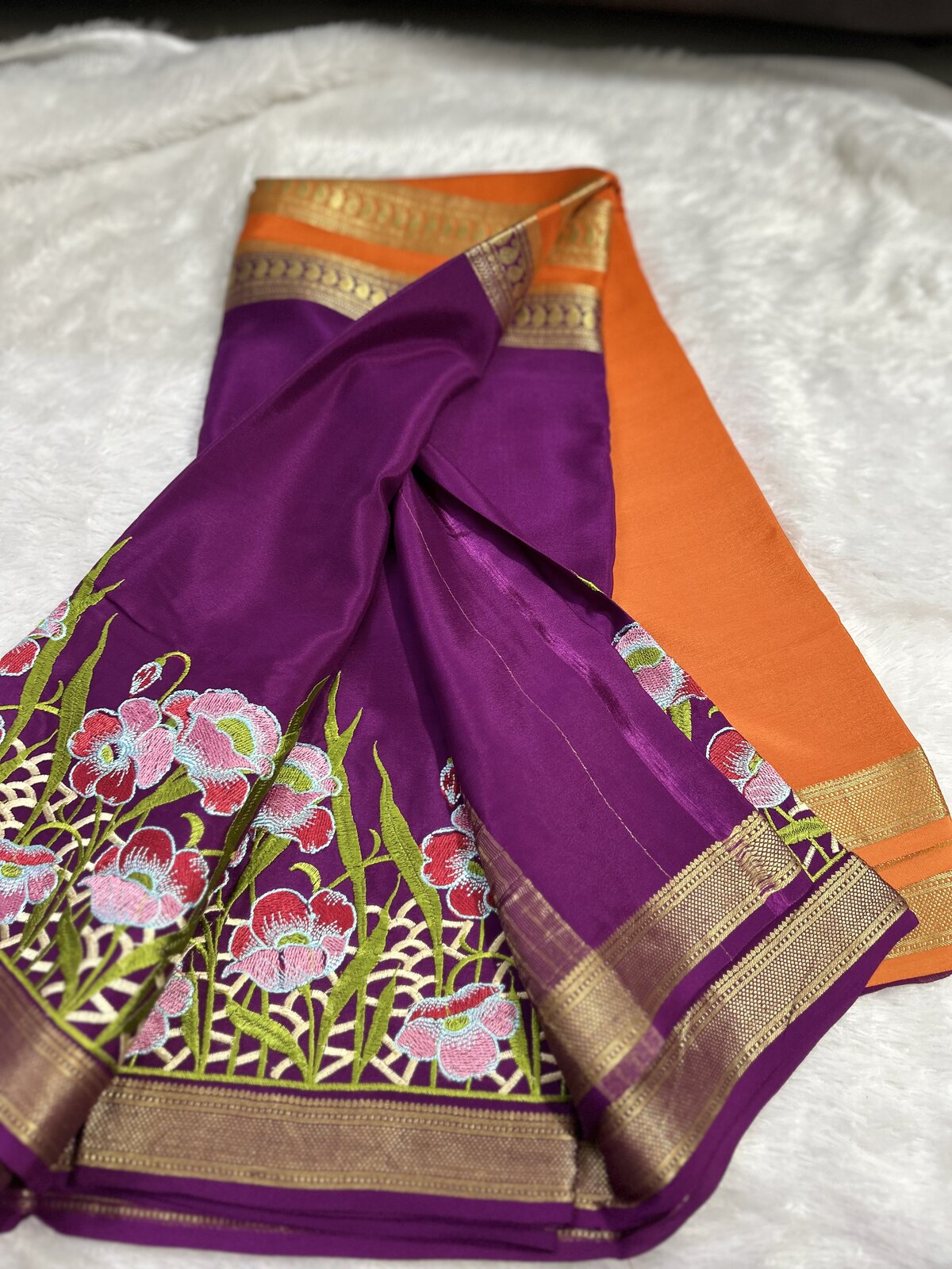 Peacock Reverie — Orange and Purple Border Pure Crepe Silk Saree — photo 1