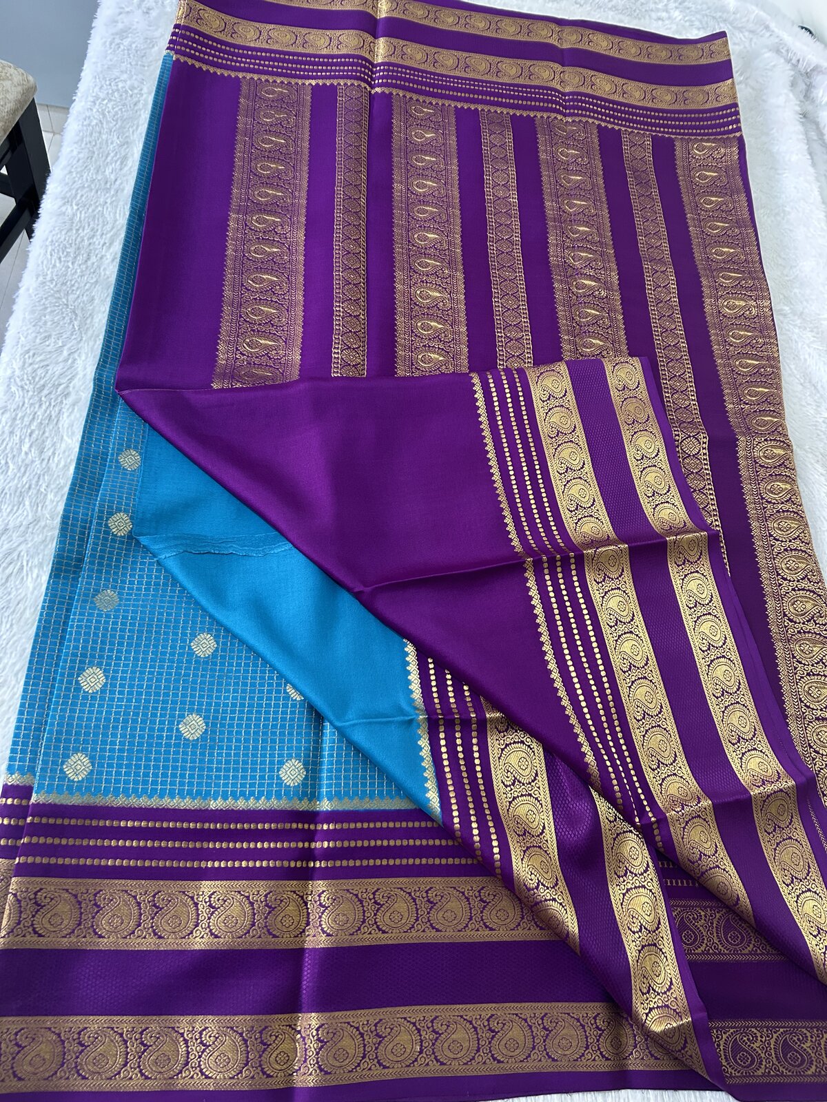 Sona Sundari — Blue with Purple Border Pure Crepe Silk Saree — photo 1