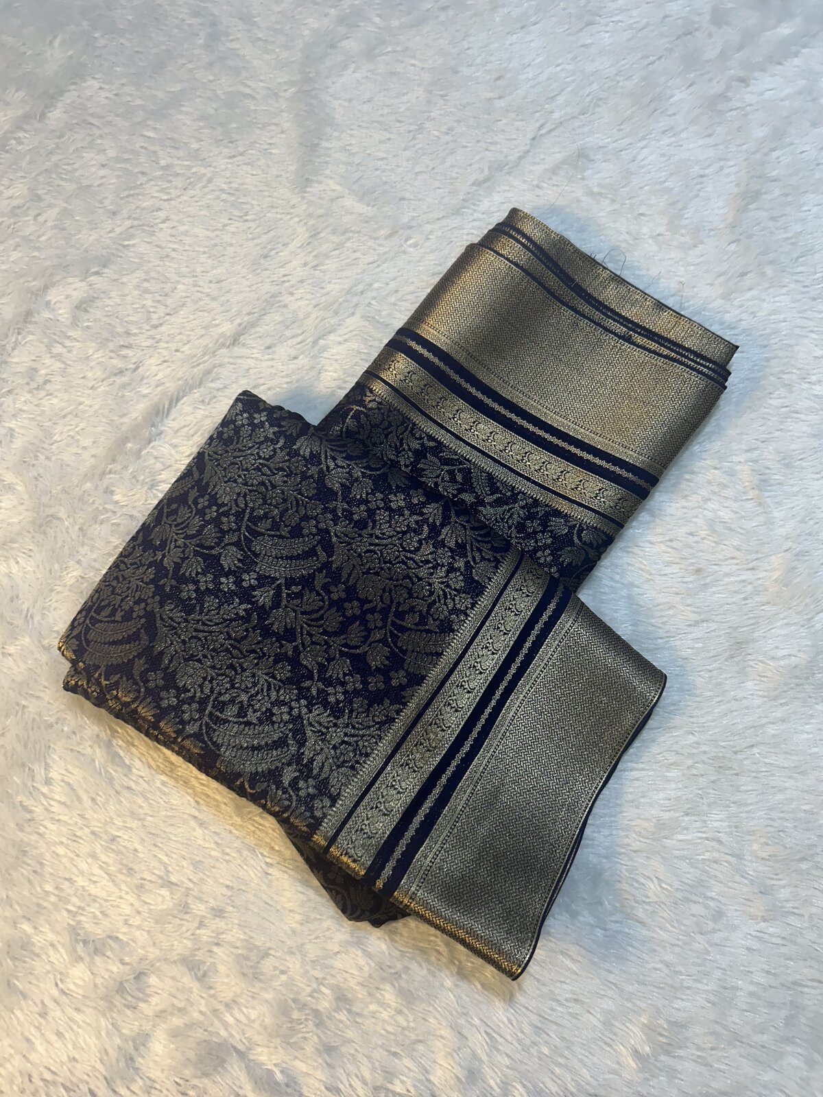 Vasundhara Charm — Dark Blue Brocade Crepe Silk Saree