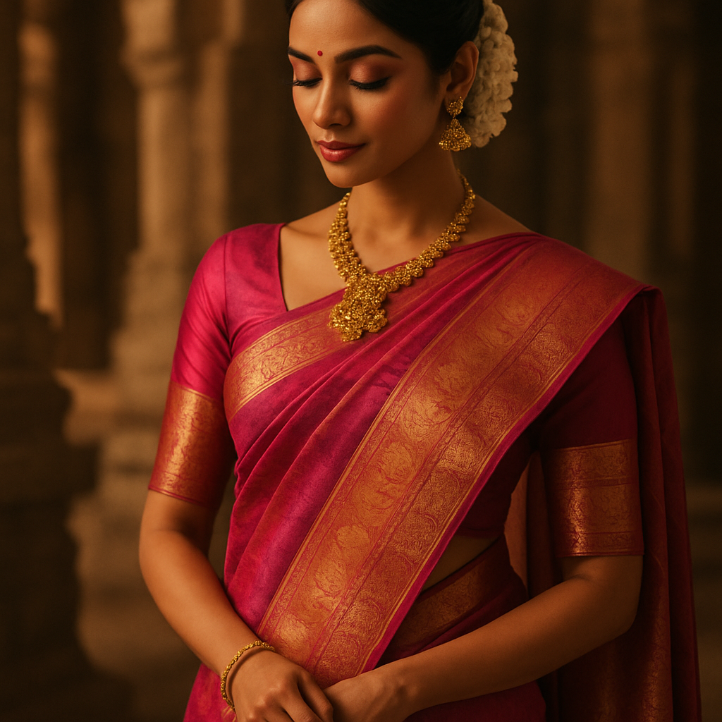 Model wearing a pink silk saree with gold jewelry